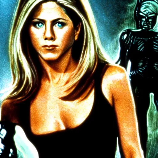 Image similar to jennifer aniston as dark lady, 1 9 8 0 s movie still frame, art by ridley scott