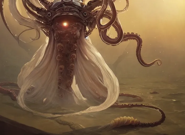 Image similar to a holy cephalopod with long powerful tentacles and a single large eye, wearing long white robe and great angelic wings, highly detailed, digital painting, artstation, concept art, matte, sharp focus, illustration, dramatic, sunset, hearthstone, art by artgerm and greg rutkowski and alphonse mucha