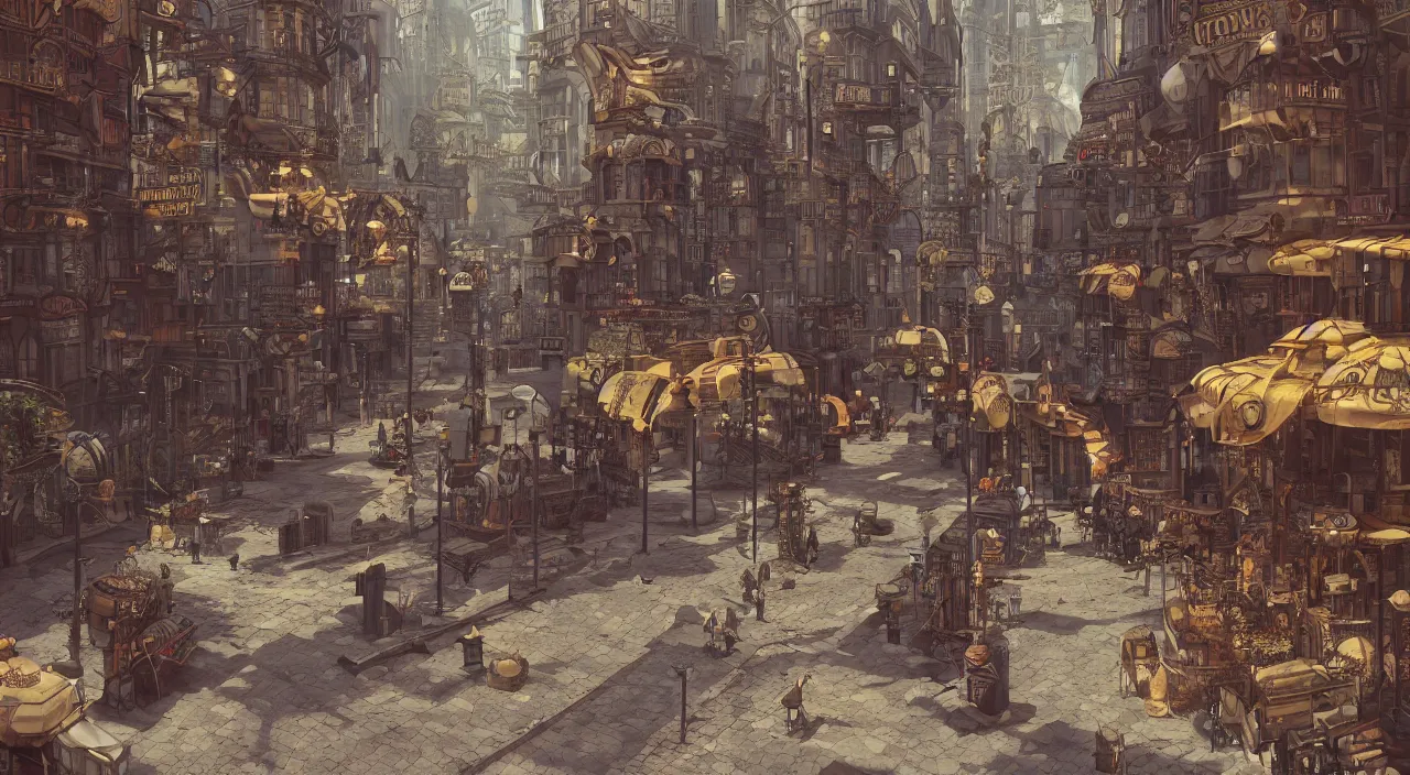Image similar to steampunk city streets by albert kiefer, trending on artstation, octane render