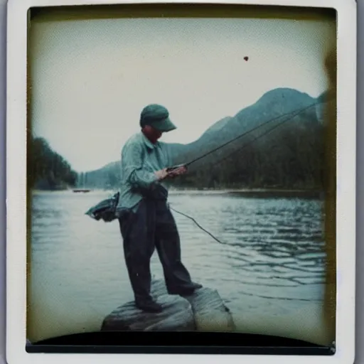 Prompt: a very beautiful old polaroid picture of a young men fishing, award winning photography