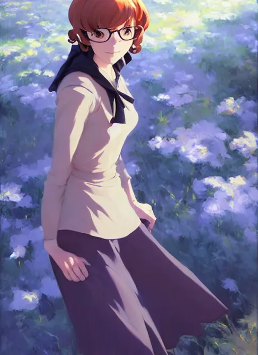 Image similar to Greg Manchess ainting of Velma Dinkley in the style of Violet Evergarden, anime style, winged eyelashes, countryside, calm, fantasy character portrait, dark outlines, dynamic pose, above view, sunny day, artwork by Makoto Shinkai, very coherent asymmetrical artwork, sharp edges, perfect face, simple form, 100mm