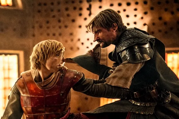 Image similar to very very intricate photorealistic photo of jaime lannister fighting cersei, photo is in focus with detailed atmospheric lighting, award - winning details