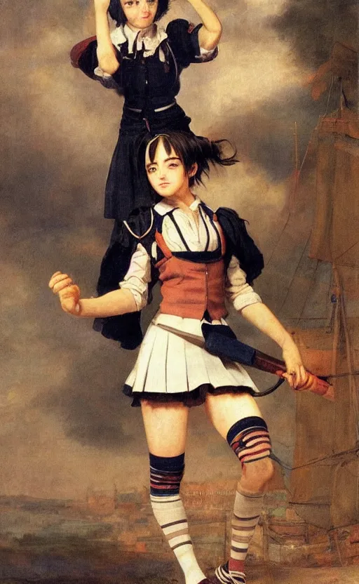 Prompt: school girl with two heads screaming, school uniform, seifuku, pleated miniskirt, overknee socks, battle angel alita. by rembrandt 1 6 6 7, illustration, by konstantin razumov, by william - adolphe bouguerea