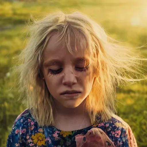 Prompt: Midsommar cult portrait of child with blond hair crying under harsh sunlight cinematic lighting film still