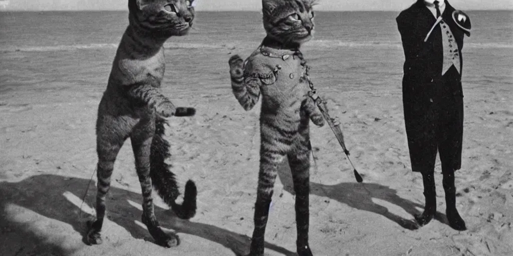 Prompt: 1920s photograph of a humanoid cat wearing a steampunk suit, standing at the beach, looking at the camera