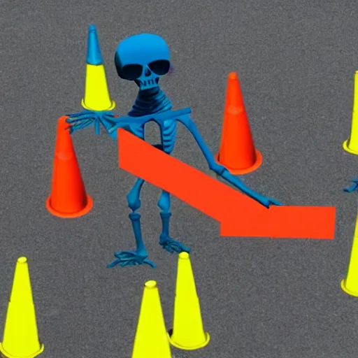 Prompt: a skeleton wearing a blue spendex suit with traffic - cones for hands