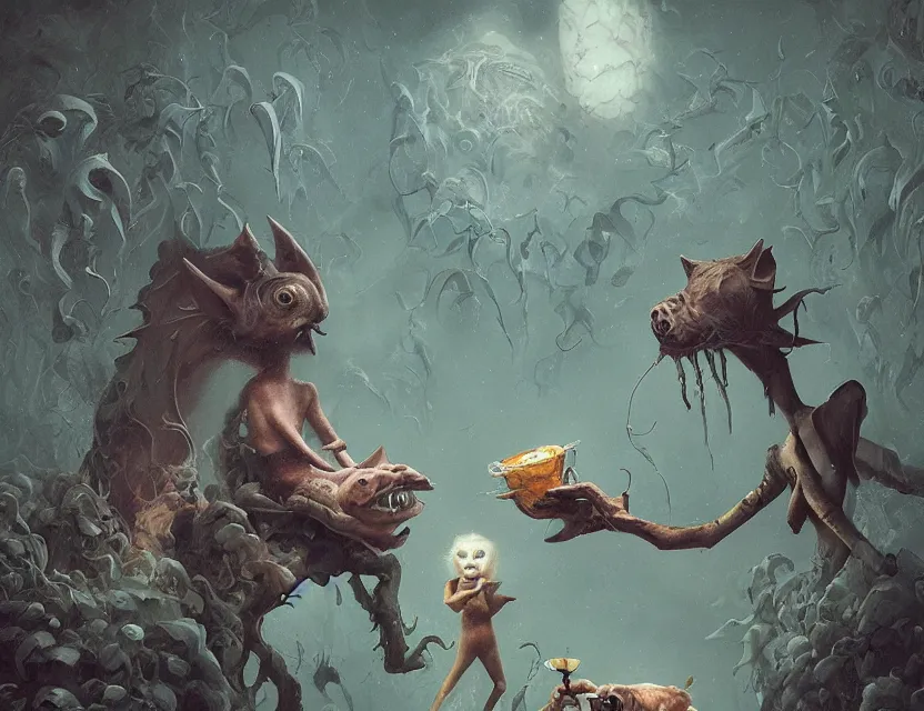 Prompt: girl with pointy hair and anthropomorphic pig wearing only black pants and drinking beer and eating potato chips, liminal spaces, cosmic horror, peter mohrbacher, jason edmiston, anton semenov, zdzislaw beksinski, esao andrews