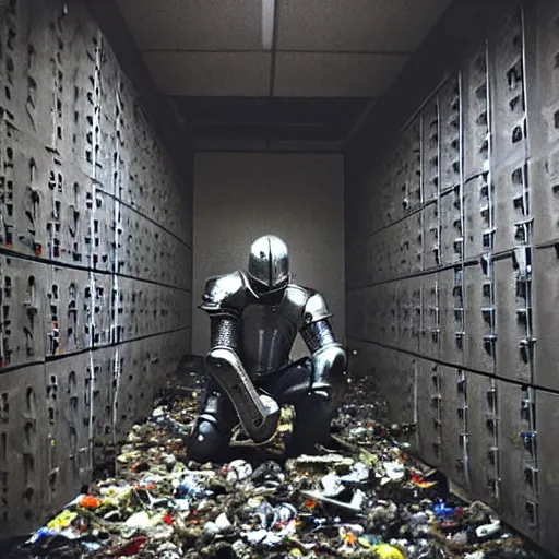 Prompt: “A knight in armor kneeling and praying. The knight is in the center abandoned small server room with server racks and server cables hanging everywhere. The ground of the room is littered and covered with garbage and debris. The walls are filthy. It is dark and there are no lights. Amateur photo. Flash photo.”