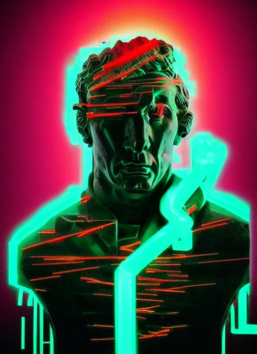 Prompt: portrait of a statue of an angry julius caesar, beeple, vaporwave, retrowave, black background, neon, black, glitch, strong contrast, neon wiring, cuts, pinterest, trending on artstation