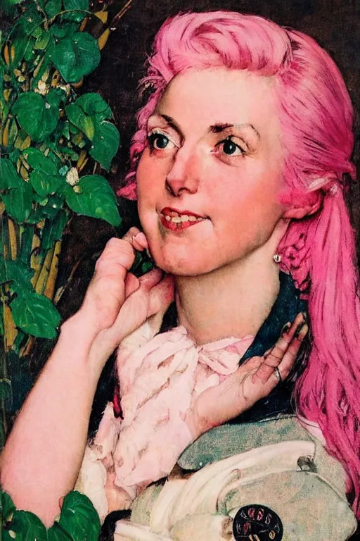 Image similar to a portrait of a woman!! by norman rockwell!!! pink hair! pronouns pin!!! pretty face! lamp light, plants background!