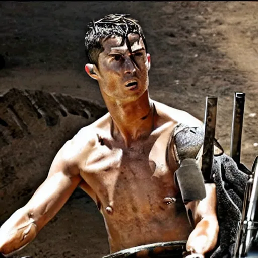 Image similar to cristiano ronaldo playing the drums in mad max fury road ( 2 0 1 5 ), movie still,