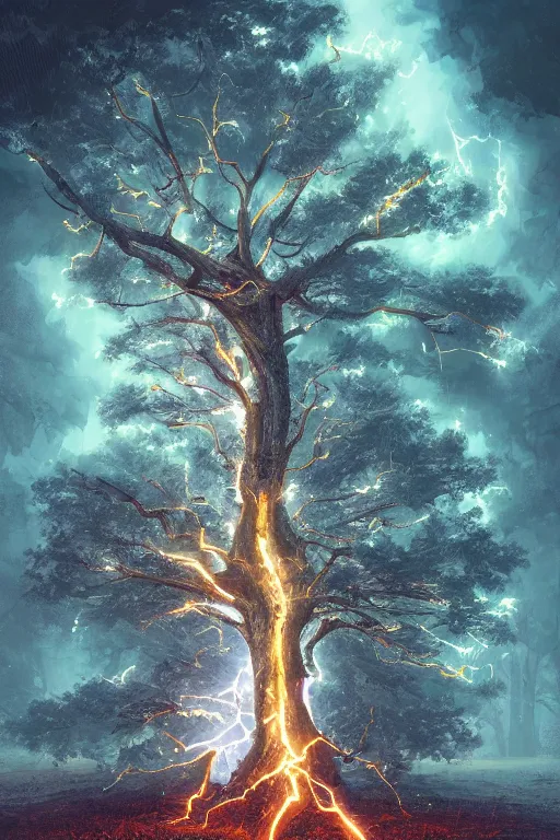 Image similar to a tree with lightning for leaves, overexposure, electricity, night, unreal engine, digital art, 8 k, oil painting, fantasy art, illustration, detailed and intricate environment