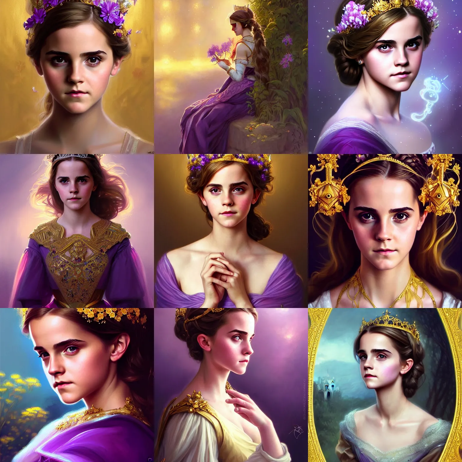 Prompt: portrait of a young princess looking like emma Watson , attractive, upper body, crown of gold and purple flowers, D&D, fantasy, intricate, cinematic lighting, highly detailed, digital painting, artstation, concept art, smooth, sharp focus, illustration, art by Artgerm and Greg Rutkowski and Alphonse Mucha