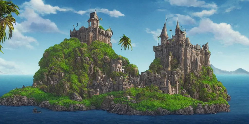 Prompt: matte painting a stunning landscape of a castle on a lost island on a sunny day by brian k. vaughan