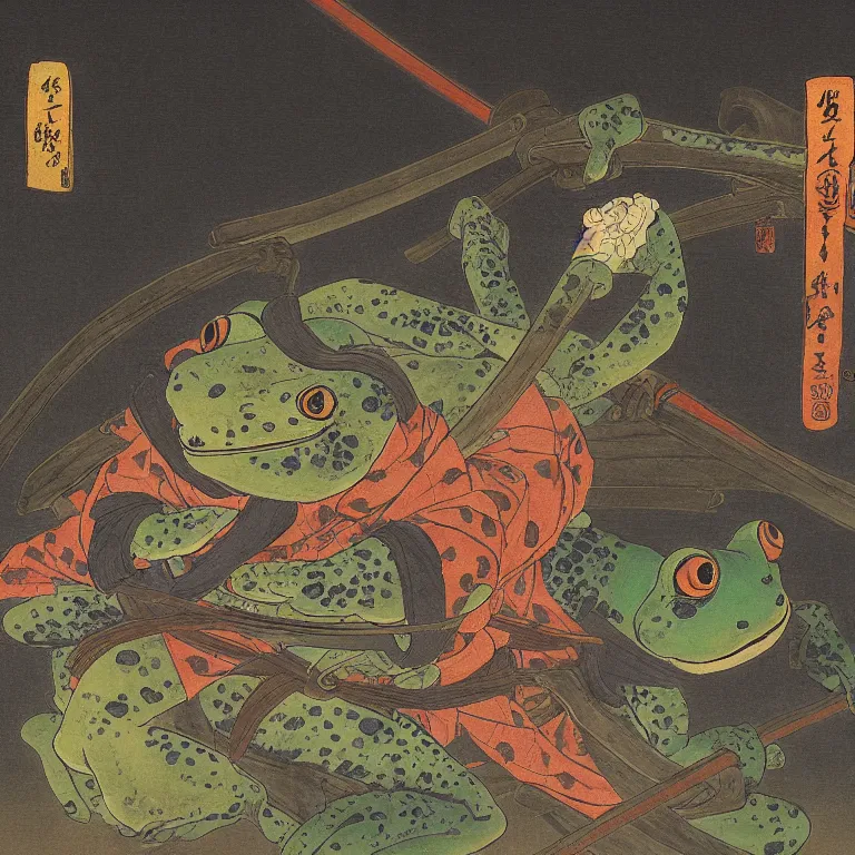 Image similar to Beautiful Intensely lit realistic scene of a Frog Samurai crossing a bridge, beautiful oil painting in the style of Kuniyoshi and Sharaku, trending on artstation dramatic lighting realism