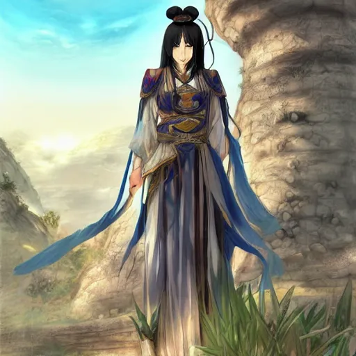 Prompt: ancient chinese dynasty princess, three kingdom, dynasty warriors, standing in an oasis in the desert, anime movie, beautiful, elegant, headshot, long black hair, digital painting, smooth, concept art, art by makoto shinkai