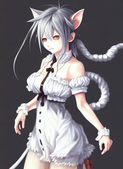 Image similar to a portrait of nekomimi wearing white dress an ultrafine detailed painting, detailed painting, detailed eyes!!, final fantasy octopath traveler realistic hands ghibly