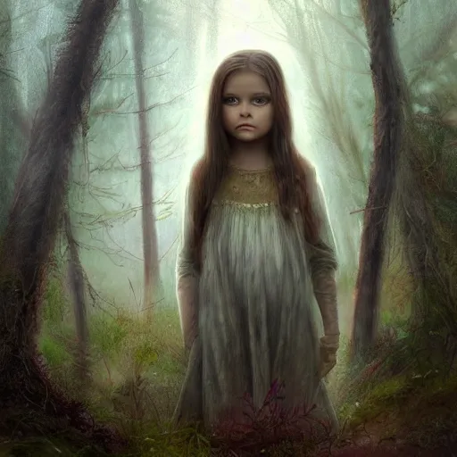 Image similar to a forest child girl portrait by leesha hannigan, fantasy, artwork, digital art, highly detailed face, nature, light, fog