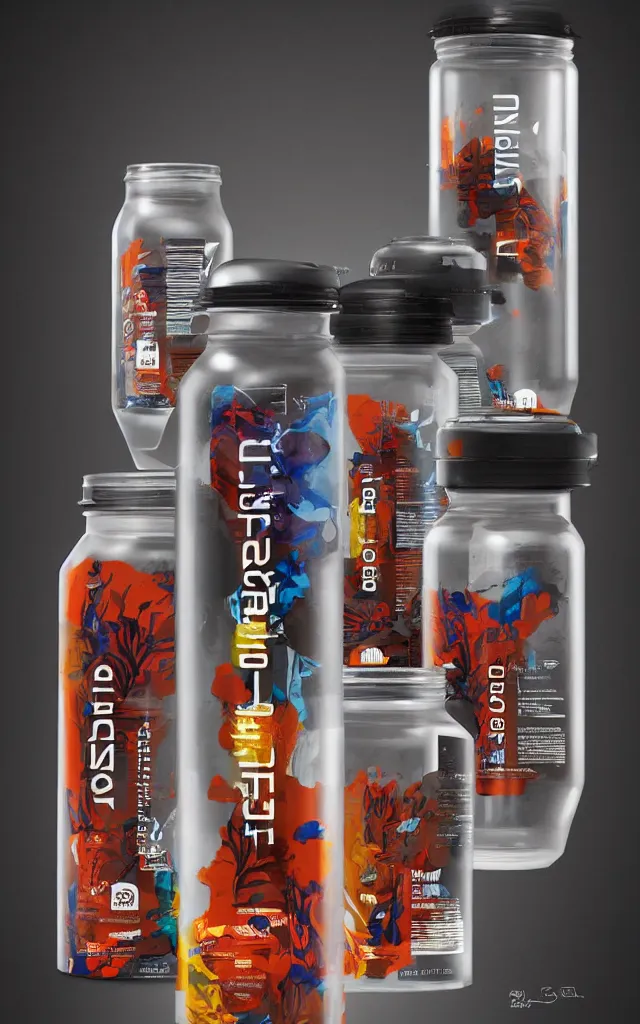 Prompt: the north face dietary supplement transparent bottle, concept art, matte, sharp focus, illustration, art by aenaluck, artgerm