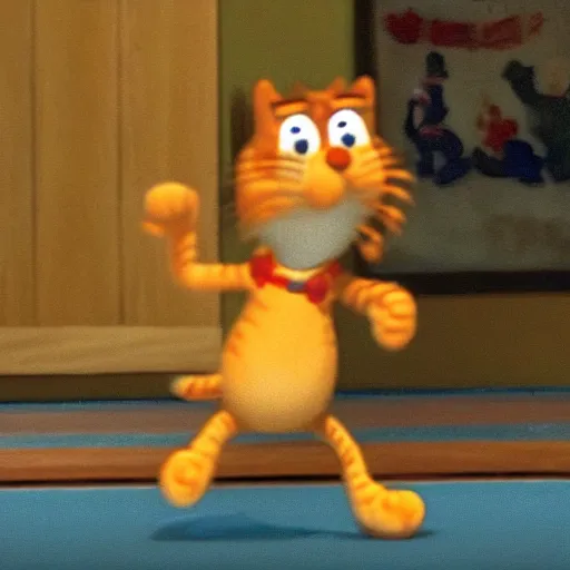 Prompt: a low-res image of garfield dancing