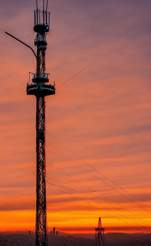 Image similar to sutro tower in san francisco, sunset, radio tower, photorealistic, 8 k