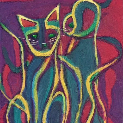 Image similar to abstract expressionist detailed matte illustration of two intertwined cats in the style of Kandinksy