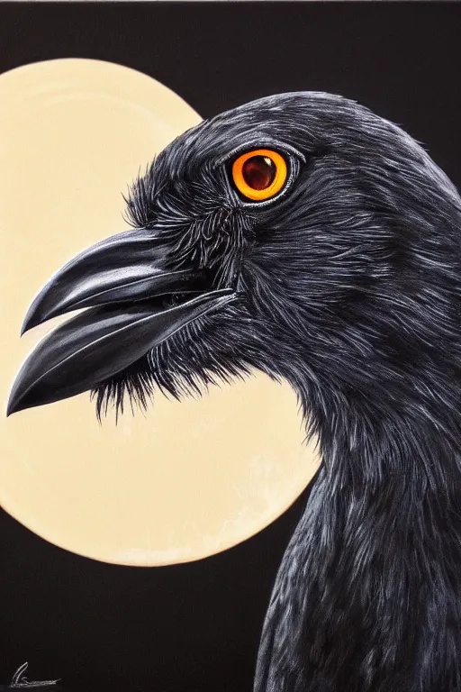 Prompt: close up portrait of a crow in front of the full big moon, oil on canvas, intricate, portrait, 8k highly professionally detailed, HDR, CGsociety