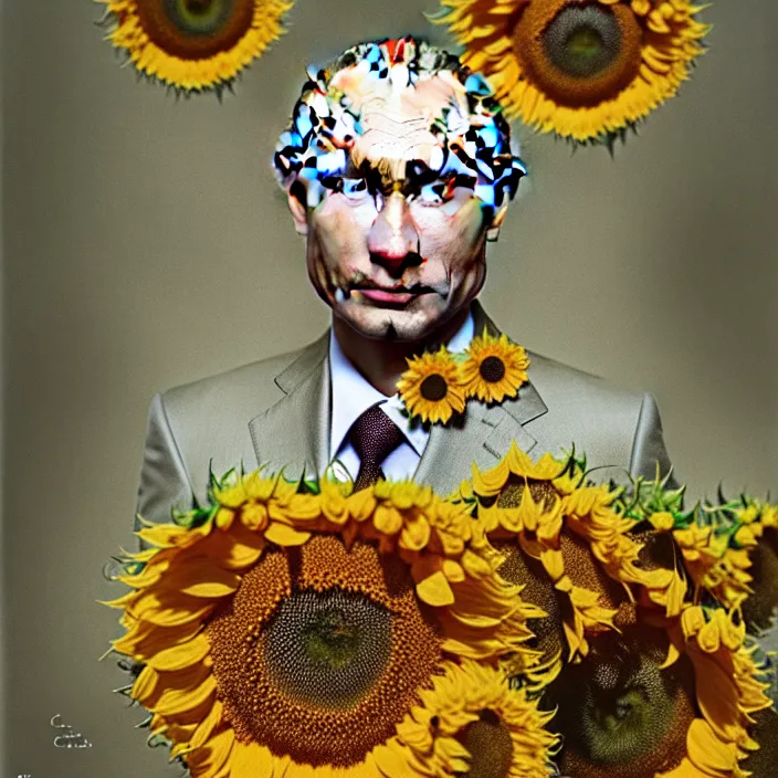 Image similar to photo portrait of Vladimir Putin - sunflowers - dressed in leisure shirt with ornamental ethereal sunflower pattern, natural skin tone, highly detailed realistic flowers ornament on the shirt, raging war and explosions in the background, face is highly detailed, elegant, Realistic, Refined, Highly Detailed, natural soft pastel lighting colors scheme, fine art photography by Cecil Beaton, volumetric lighting, hyper realistic photography