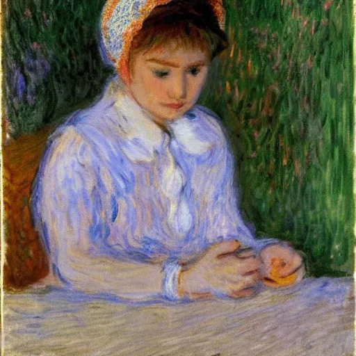 Prompt: a girl with a white headkerchief sitting alone on a birthday table looking sad by monet