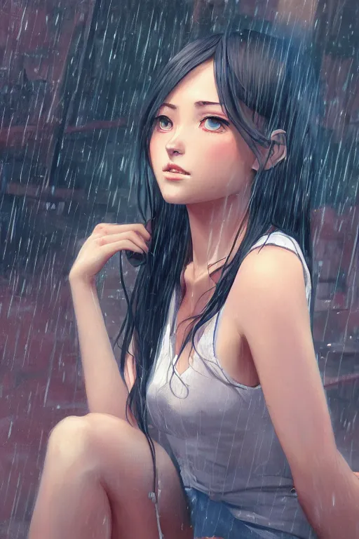 Image similar to a girl in the rain, full shot, realistic shaded perfect body, fine - face, fine details. night setting. very anime style. realistic shaded lighting poster by ilya kuvshinov katsuhiro, magali villeneuve, artgerm, jeremy lipkin and michael garmash, rob rey and kentaro miura style, trending on art station