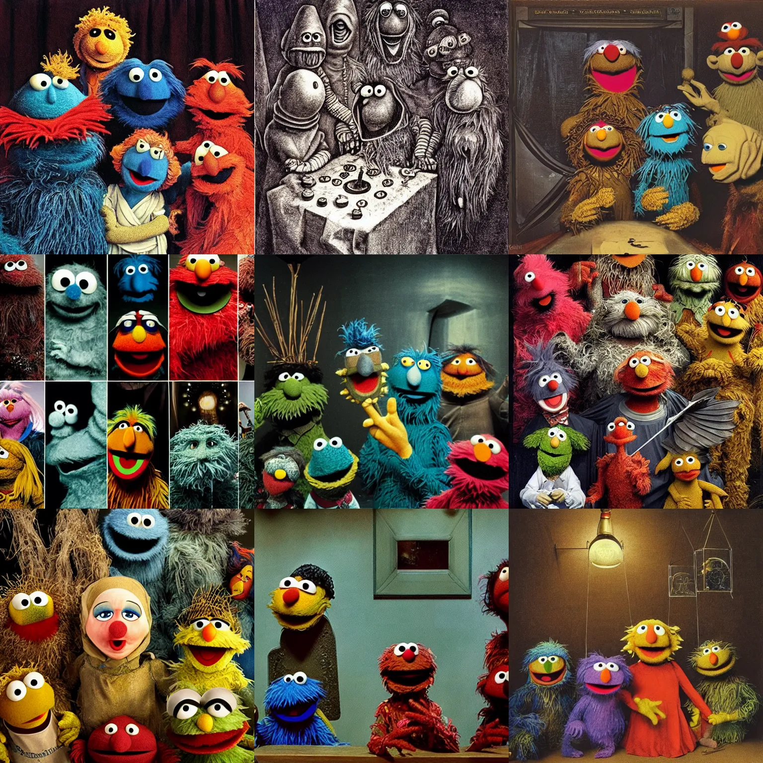 Prompt: the sesame street by h r giger and brian froud hieronymus bosch cinematic 8 k mood lighting line tracing