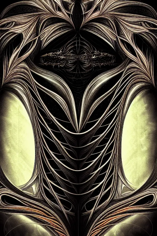 Image similar to professional concept art symmetrical portrait of a horrendous mechanical predatory fractal! species in a dark room by ar