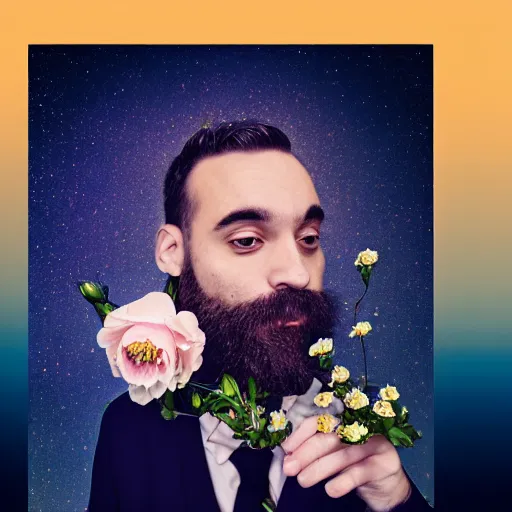 Prompt: a portrait of a man with flowers in the beard, roses peonies forget-me-nots dahlias lupins gladioli, sky theme in background, 35mm Photograph, 4K Resolution, Astrophotography, Digital Art, Trending on artstation