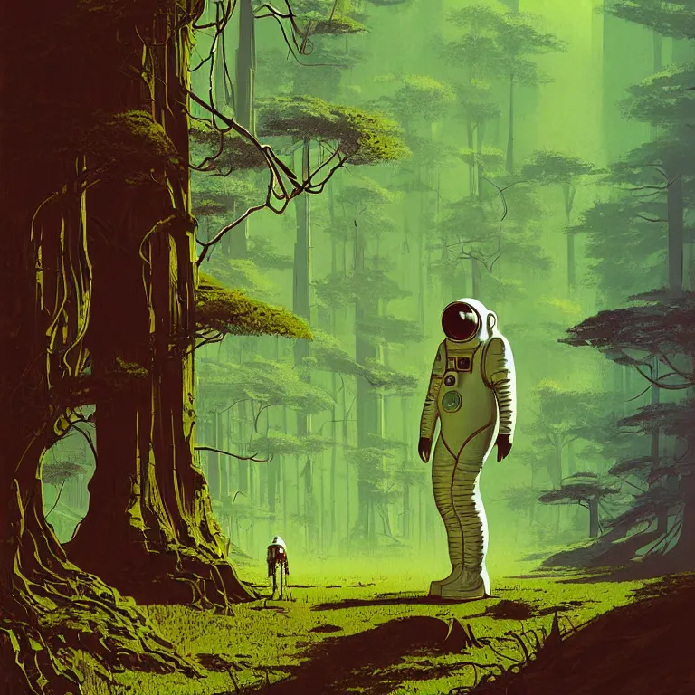 Prompt: illustration of a futuristic astronaut in a forest, highly detailed, by James Gilleard and Bruce Pennington