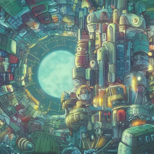 Image similar to future city covered by forest creature, flying, culture, smooth, howl's moving castle, by studio ghibli, 4 k