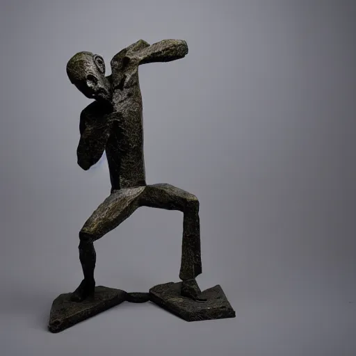 Prompt: sculpture of a cowering man, in the style of alberto giacometti