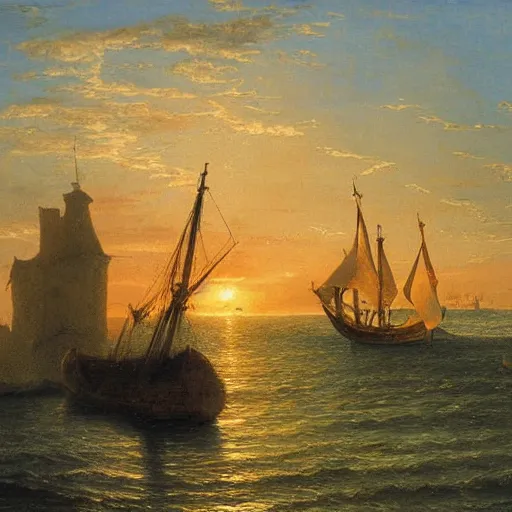 Prompt: medieval ship on the sea, sunset, painting style, achenbach