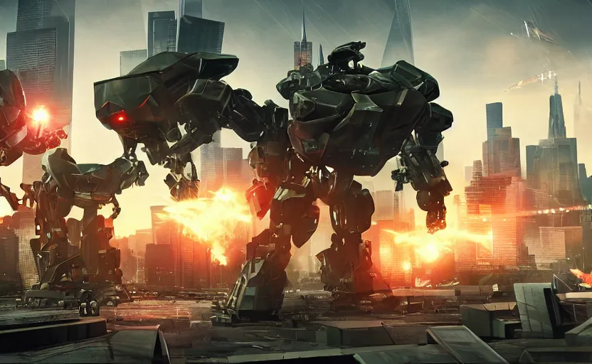 Image similar to an epic fight between two giant weaponized mechs in the middle of a futuristic new york city, futuristic, epic, cinematic, raytracing, cyberpunk, 4 k