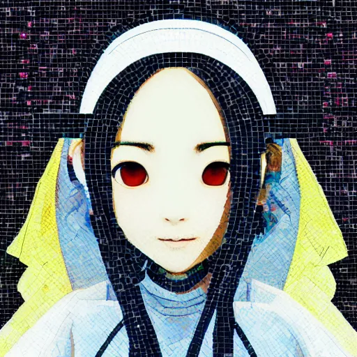 Image similar to mosaic portrait of a beautiful Iwakura Lain with robot ears by Saimir Strati, 4k, intricate details, digital, water