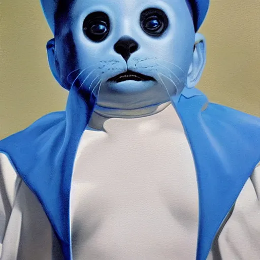 Prompt: portrait of a blue baby seal dressed as a super hero, oil painting by alex ross