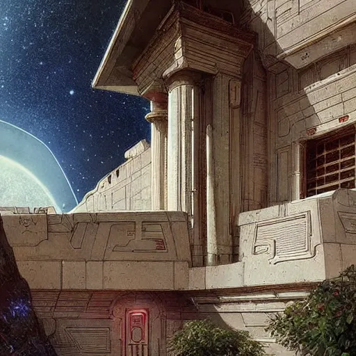 Prompt: STAR TREK house night time architecture designed in ancient Greece, (SFW) safe for work, photo realistic illustration by greg rutkowski, thomas kindkade, alphonse mucha, loish, norman rockwell