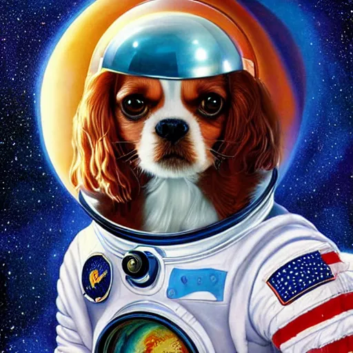 Prompt: cavalier king charles spaniel, wearing an cosmonaut helmet, russian cosmonaut, on the moon, art by artgerm and david a hardy