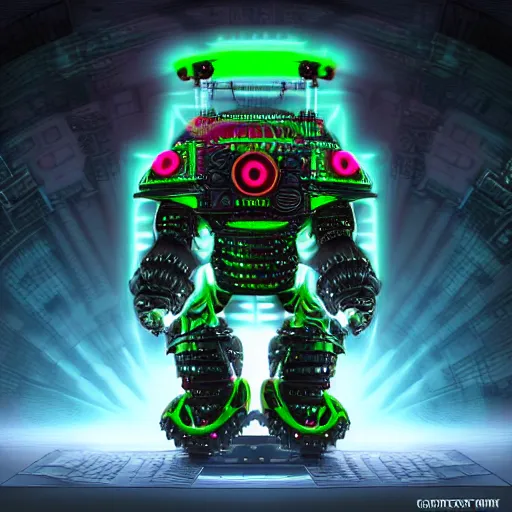 Image similar to Very highly detailed Cybertronic Watermelon warmachine. Concept digital art, epic dimensional light