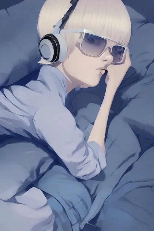 Prompt: a cute young woman lying on a bed while listening to music with her eyes closed and wearing headphones by Ilya Kuvshinov and Range Murata, white bob cut hair, blue filter, blue and white, soft lighting, atmospheric, cinematic, moody, digital painting, 8k