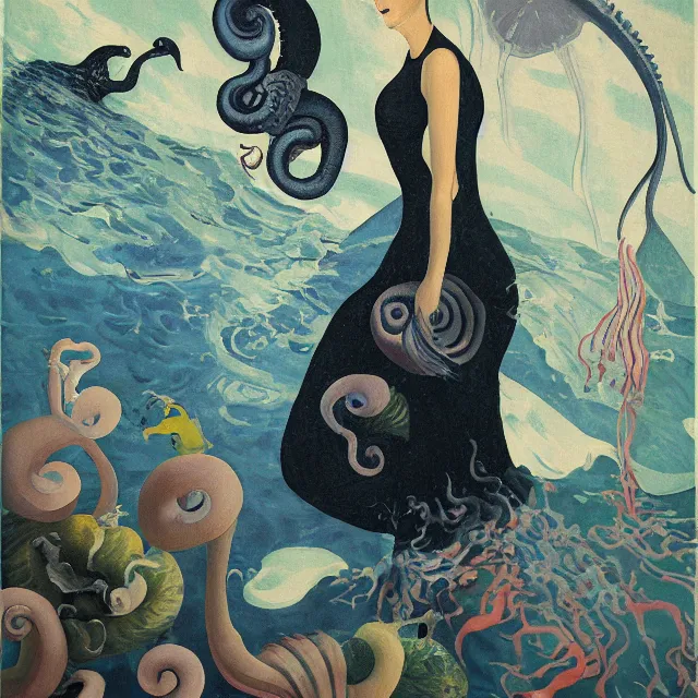 Image similar to tall female artist holding a nautilus in her flooded kitchen, pomegranates, window, octopus, water gushing from ceiling, painting of flood waters inside an artist's apartment, a river flooding indoors, ikebana, zen, rapids, waterfall, black swans, canoe, berries, acrylic on canvas, surrealist, by magritte and monet