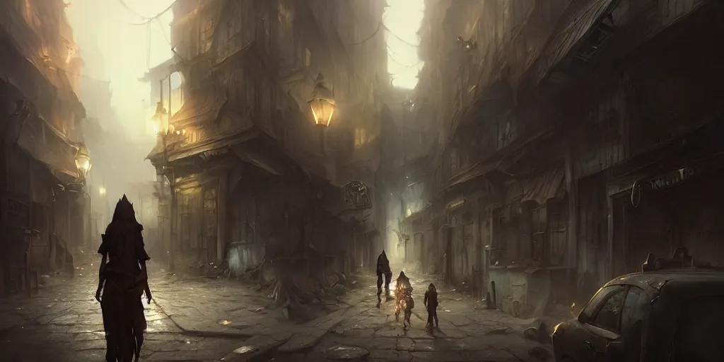 Image similar to dark town street by bastien lecouffe - deharme and charles bowater, greg rutkowski, adventure game, high camera angle, inspired by diablo concept art