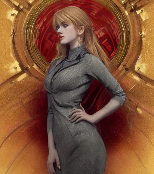 Prompt: katherine mcnamara wearing a golden dress, grey hair, red necktie, cinematic, stunning, highly detailed, digital painting, artstation, smooth, hard focus, full body shot, illustration, art by artgerm and greg rutkowski and alphonse mucha