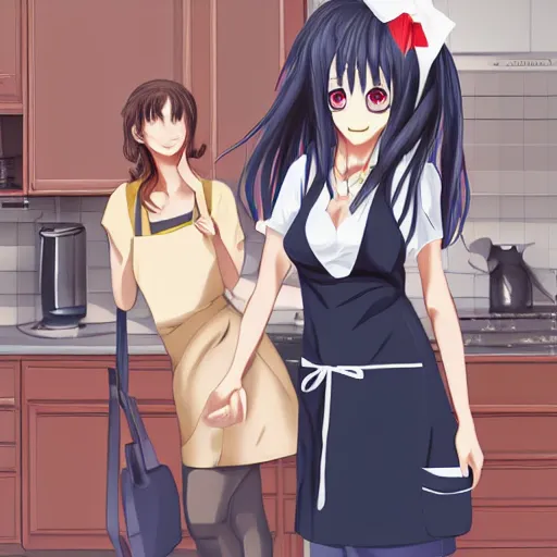 Prompt: your wife is happily meeting you coming home from work with an apron on, trending on pixiv, sharp, high quality, anime digital painting