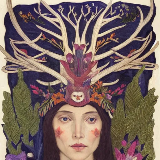 Prompt: queen of the forest wearing an antler crown, by Annie Swynnerton and Nicholas Roerich and Tino Rodriguez, embroidered robes, floral tattoos, bioluminescent skin!, elaborate costume, geometric ornament, symbolist, soft colors, dramatic lighting, smooth, sharp focus, extremely detailed