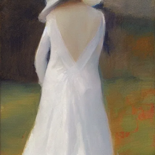 Image similar to woman with hat, back view, wedding dress, by dennis miller bunker